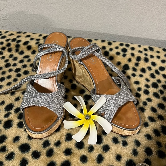 Coach Braided Silver Wedge Sandal - Picture 1 of 5